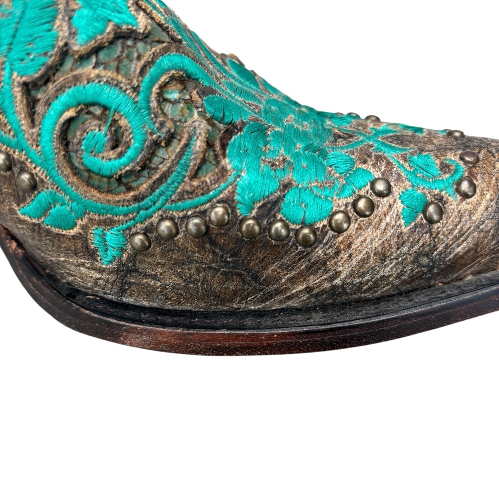 CORRAL Boots Dark Antique Saddle Floral  Turquoise Inlay & Studs 6.5 - Picture 11 of 16